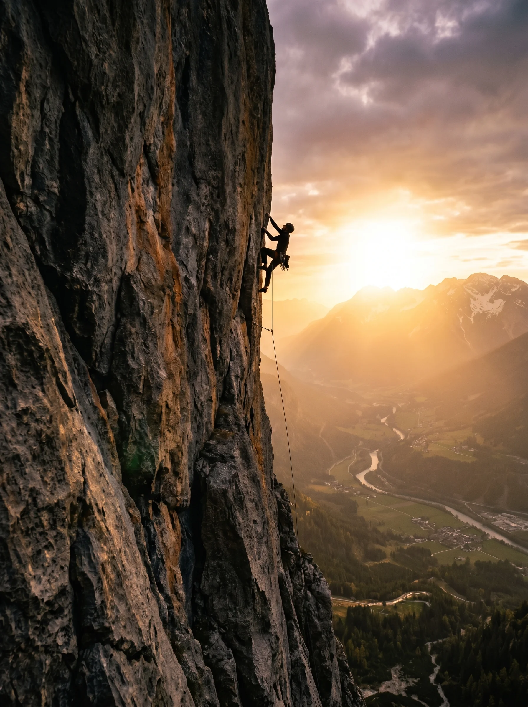 Rock climber silhouetted against Tyrolean Alps at sunset