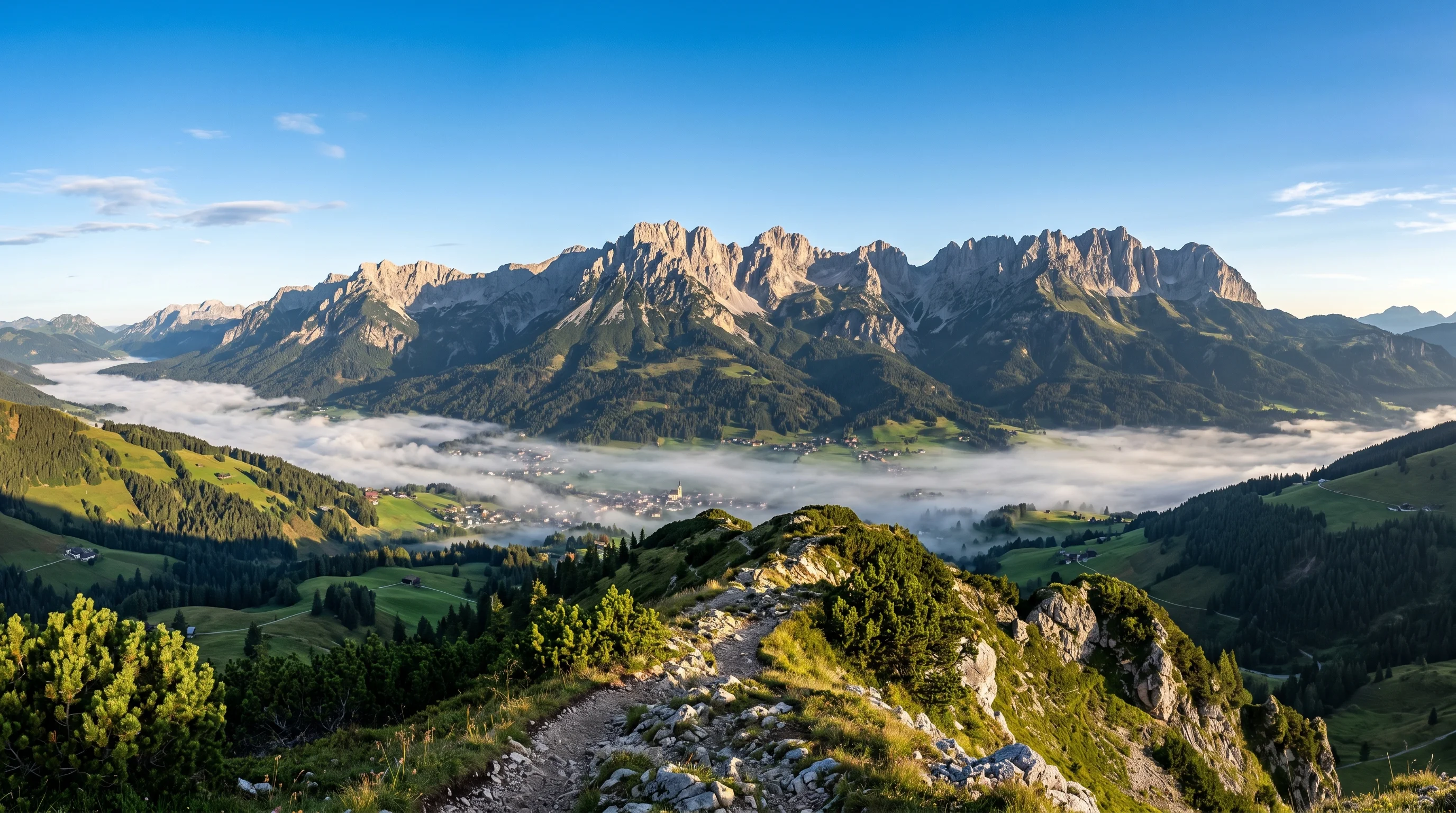 Wilder Kaiser massif rising above morning clouds in Tyrol
